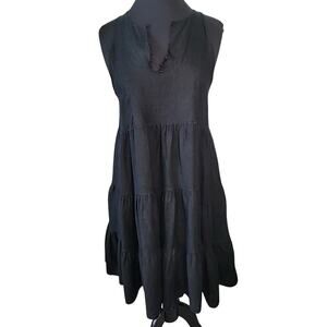 European Black Linen Peplum Tiered Boho Coastal Sleeveless Summer Midi Dress M